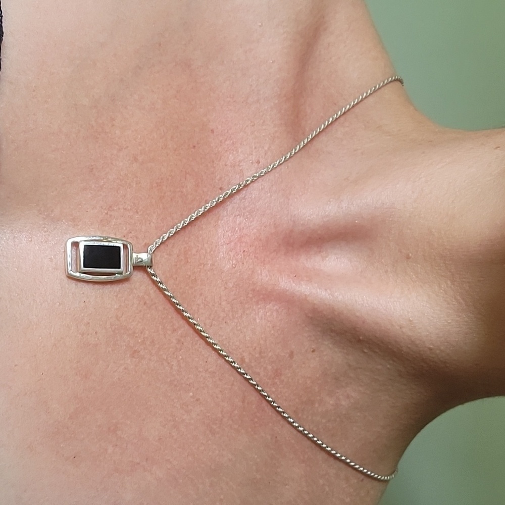 Sterling and Black Onyx Simple Geometric Style Necklace on Rope Chain